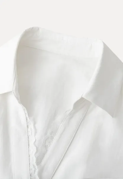 Short Sleeve Shirt with Lace Trim and Puffed Sleeves