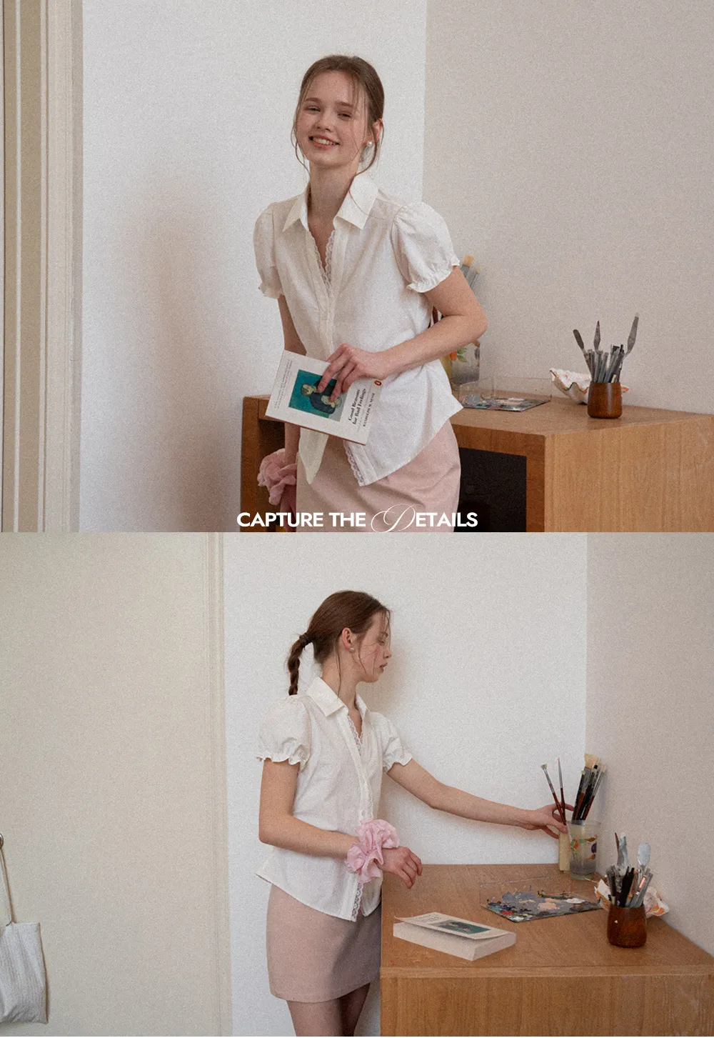 Short Sleeve Shirt with Lace Trim and Puffed Sleeves