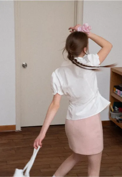 Short Sleeve Shirt with Lace Trim and Puffed Sleeves