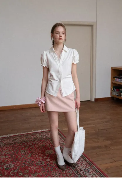 Short Sleeve Shirt with Lace Trim and Puffed Sleeves