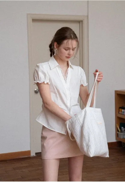 Short Sleeve Shirt with Lace Trim and Puffed Sleeves