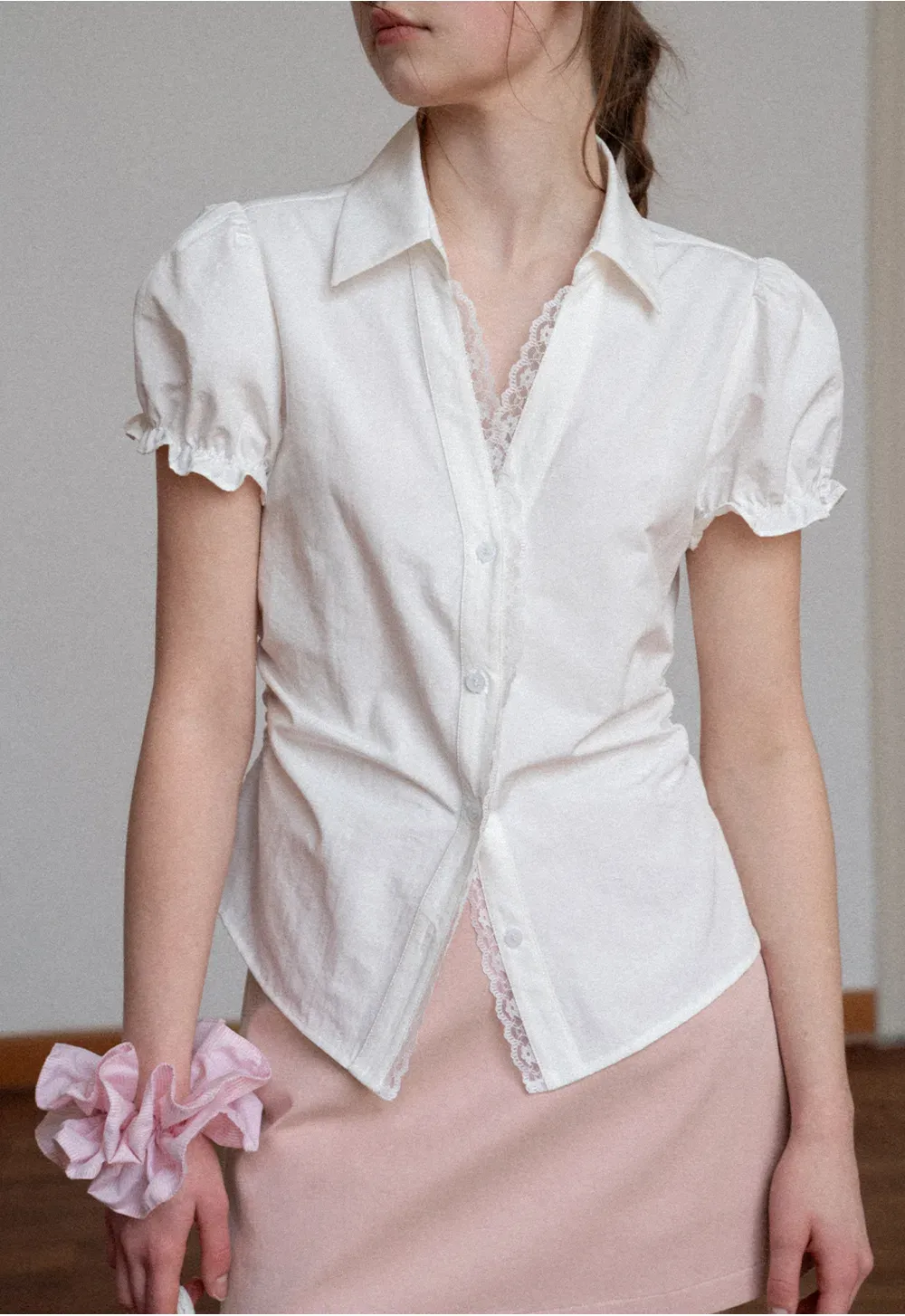 Short Sleeve Shirt with Lace Trim and Puffed Sleeves