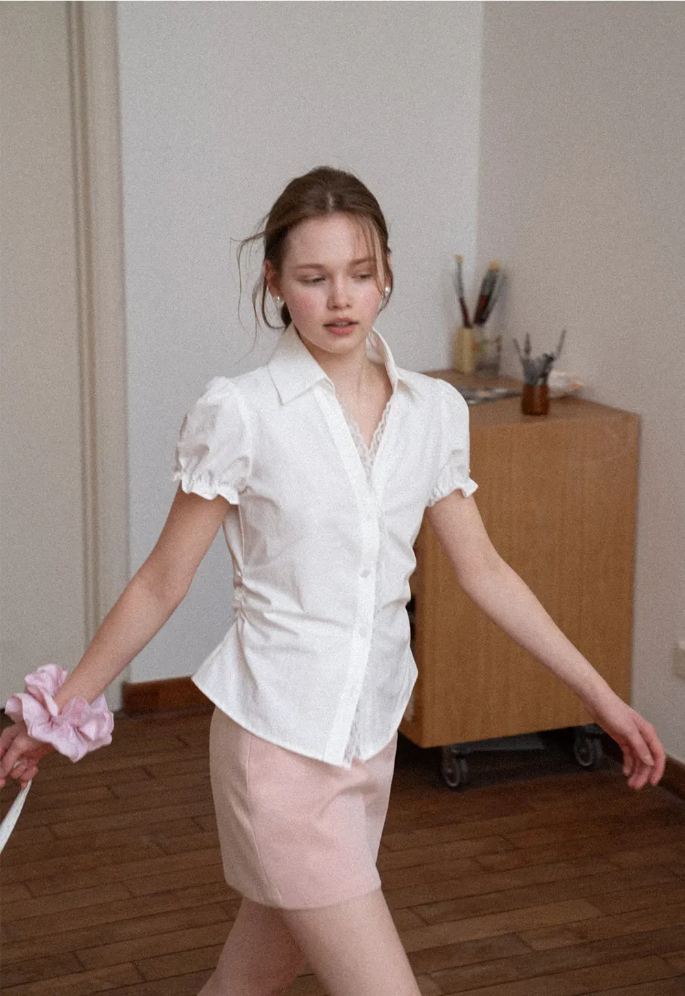 Short Sleeve Shirt with Lace Trim and Puffed Sleeves