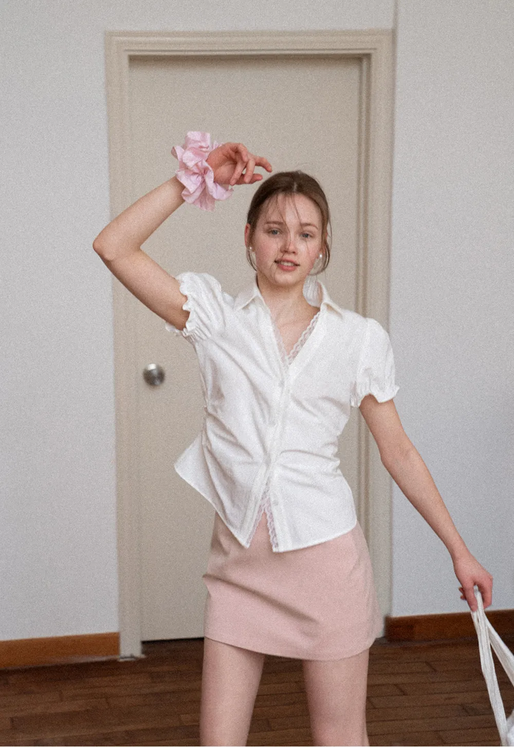 Short Sleeve Shirt with Lace Trim and Puffed Sleeves