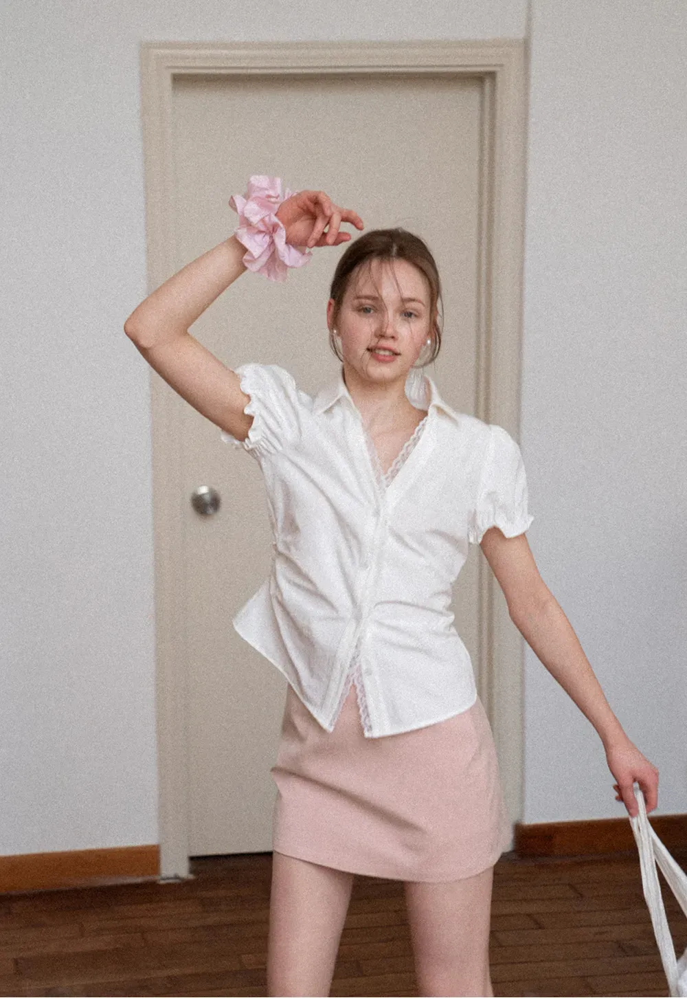 Short Sleeve Shirt with Lace Trim and Puffed Sleeves