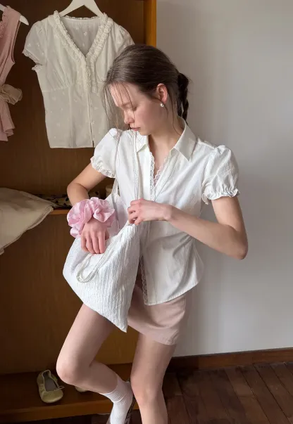 Short Sleeve Shirt with Lace Trim and Puffed Sleeves