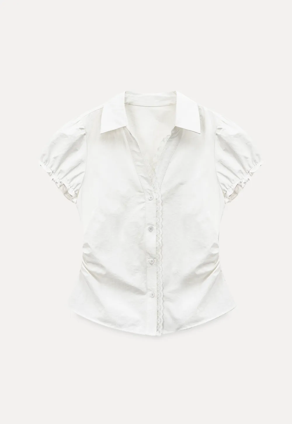 Short Sleeve Shirt with Lace Trim and Puffed Sleeves