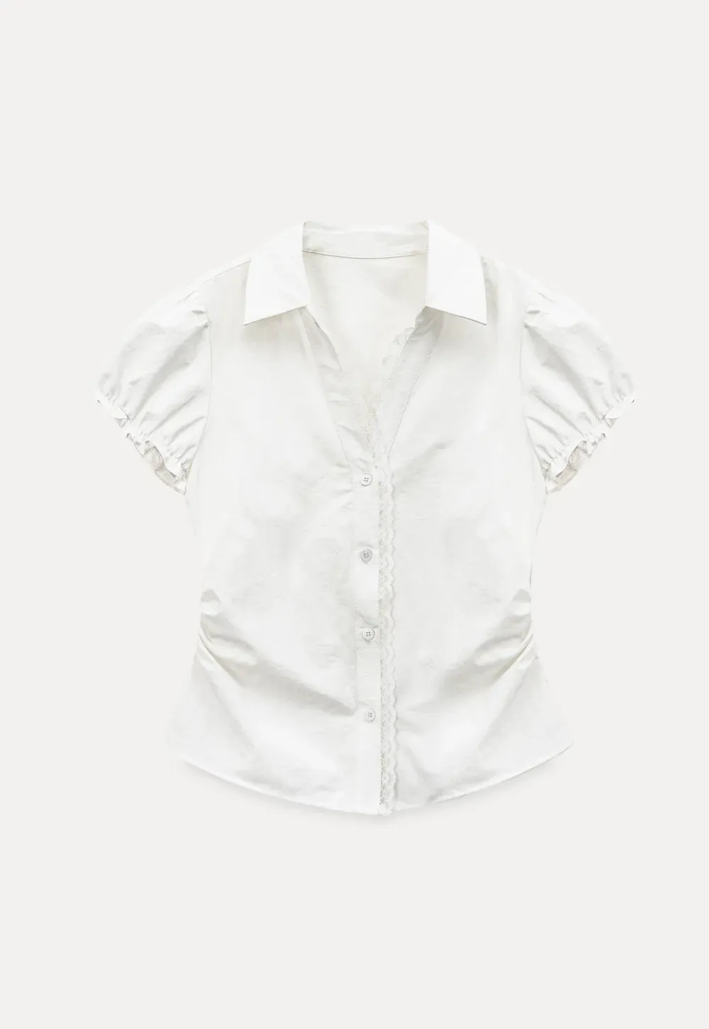 Short Sleeve Shirt with Lace Trim and Puffed Sleeves