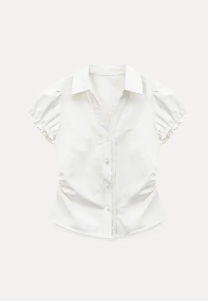 Short Sleeve Shirt with Lace Trim and Puffed Sleeves