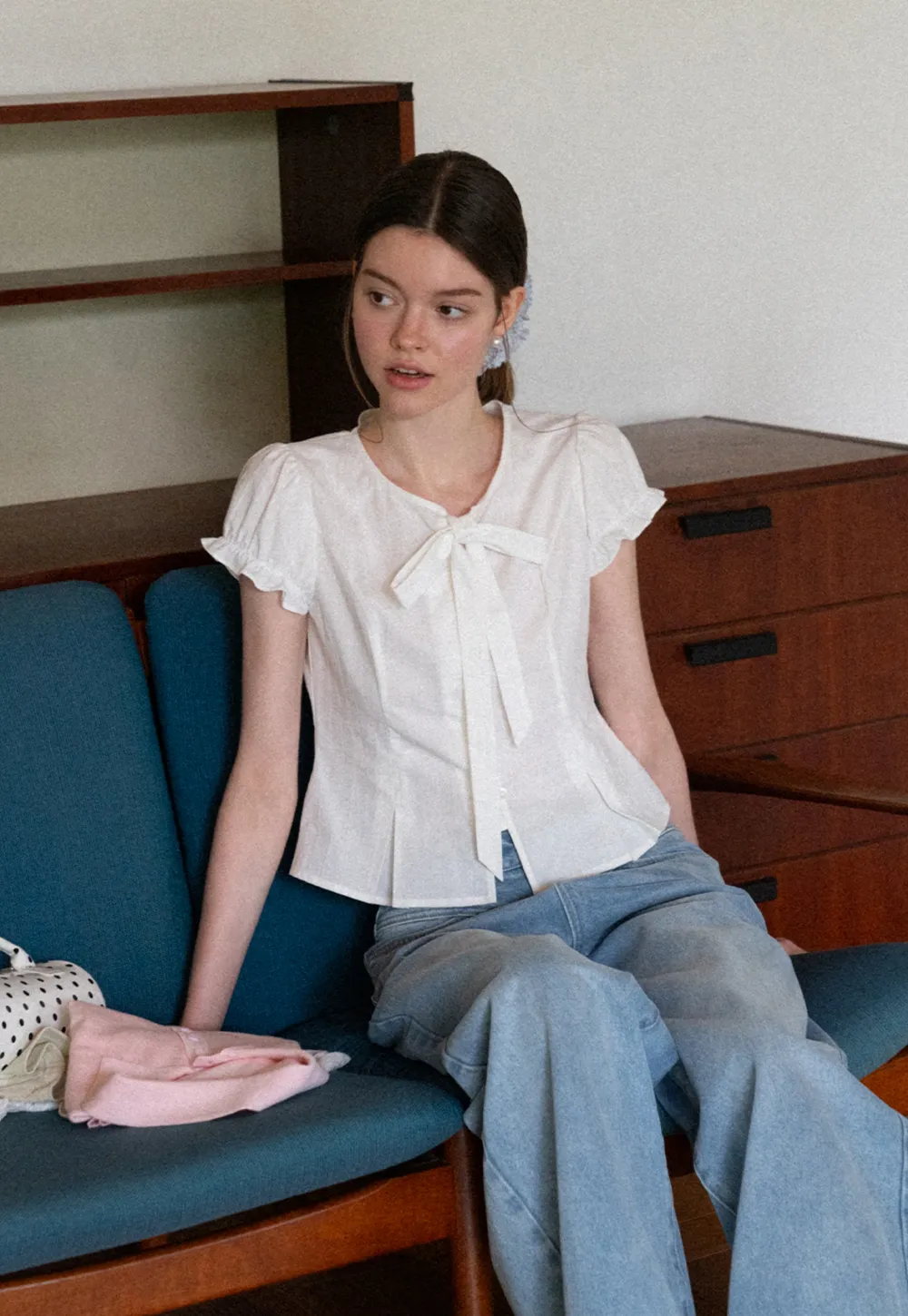 Ruffled Sleeve Bow Front Shirt