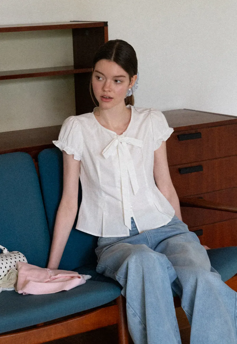 Ruffled Sleeve Bow Front Shirt