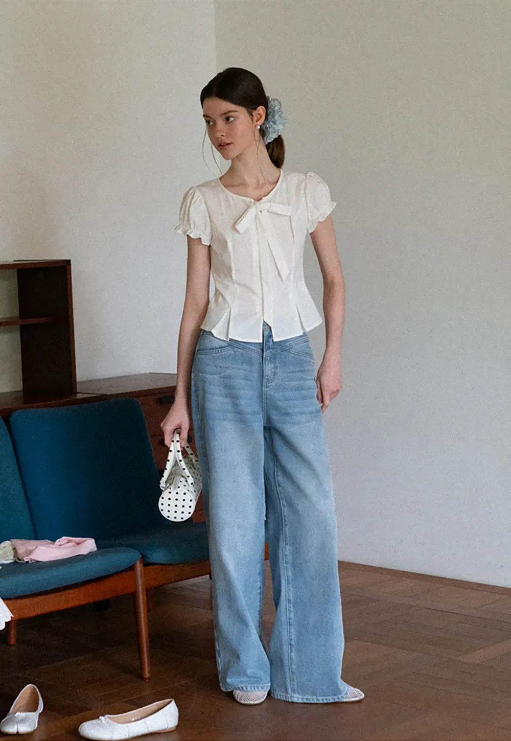 Ruffled Sleeve Bow Front Shirt