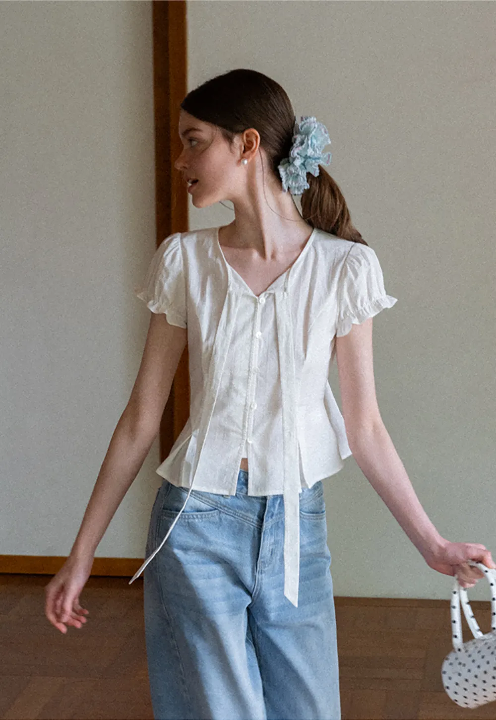 Ruffled Sleeve Bow Front Shirt