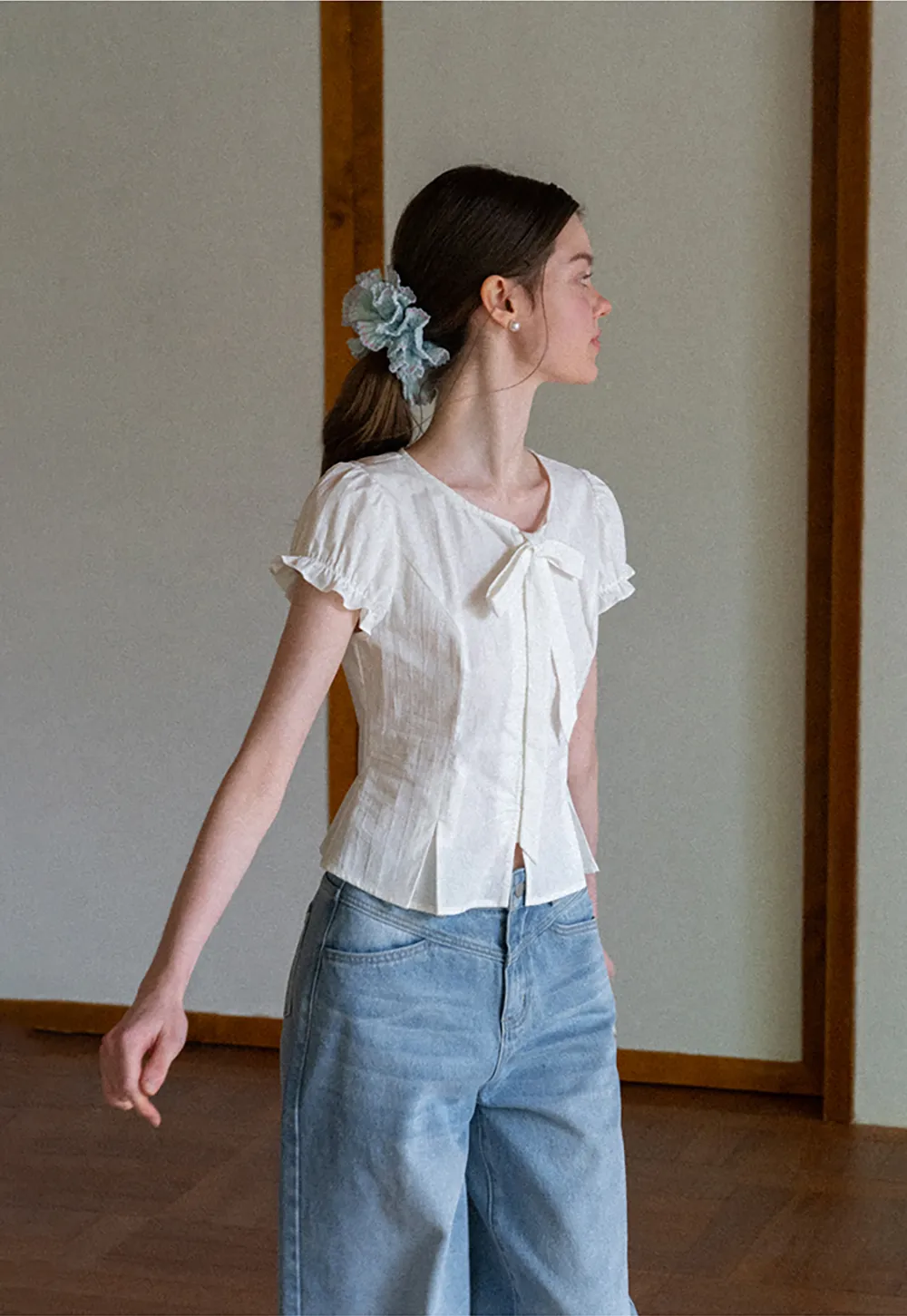 Ruffled Sleeve Bow Front Shirt