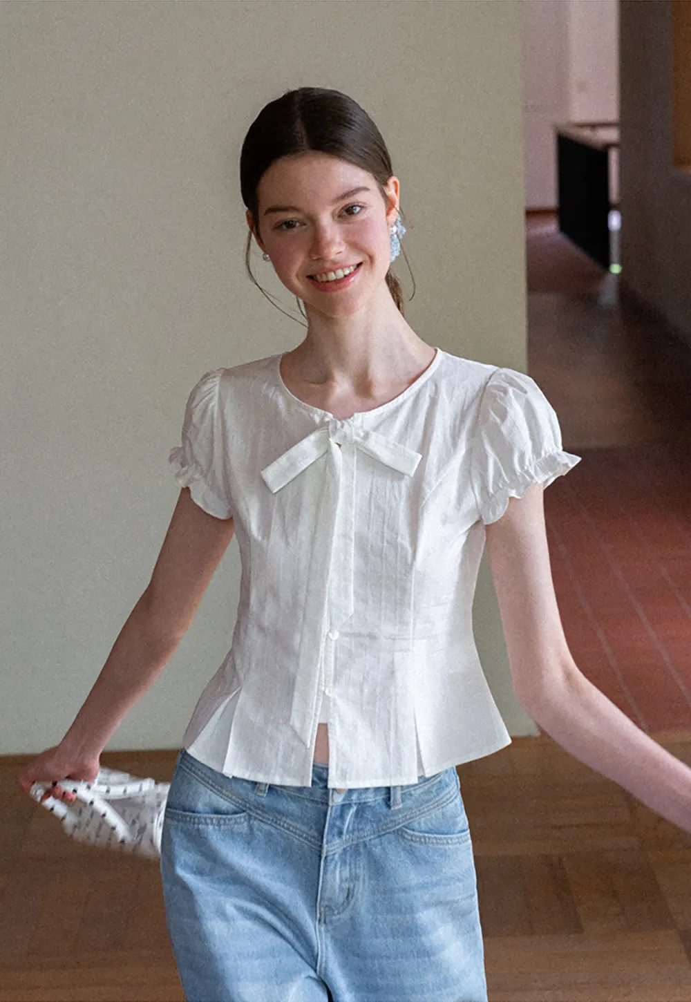 Ruffled Sleeve Bow Front Shirt
