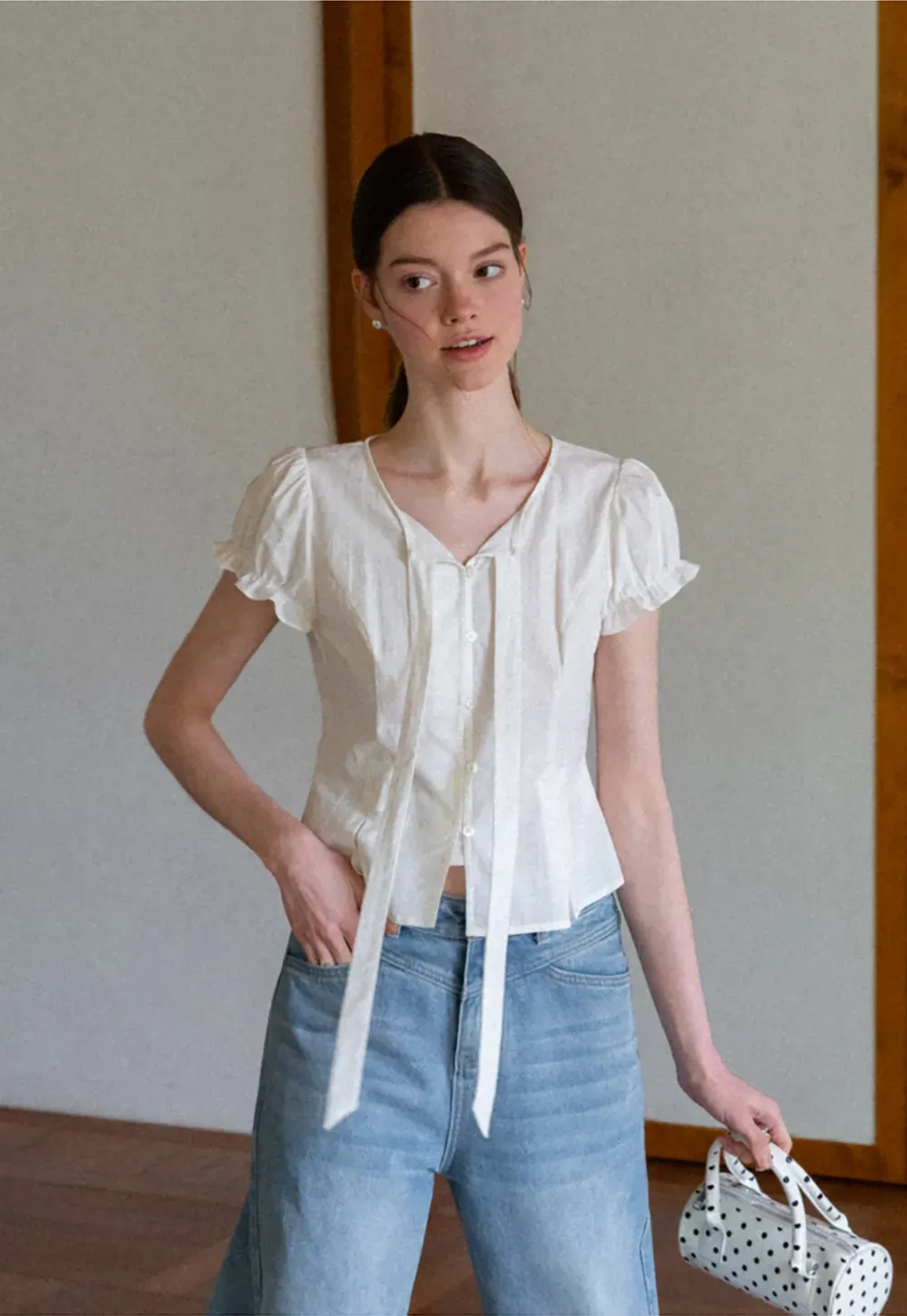 Ruffled Sleeve Bow Front Shirt