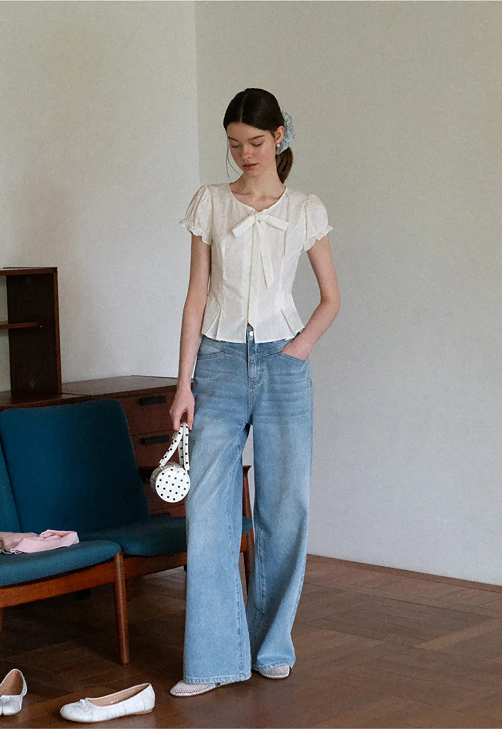 Ruffled Sleeve Bow Front Shirt