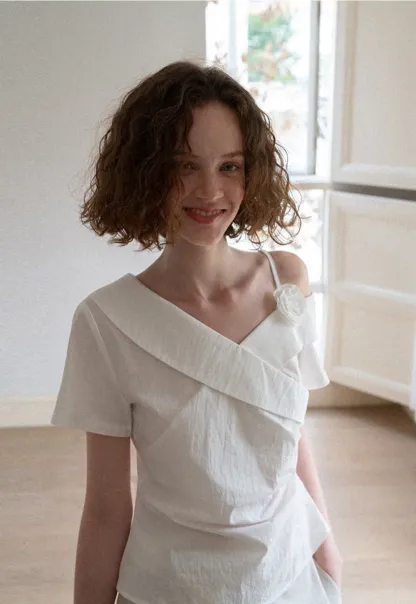 Asymmetrical Draped One Shoulder Short Sleeve Shirt