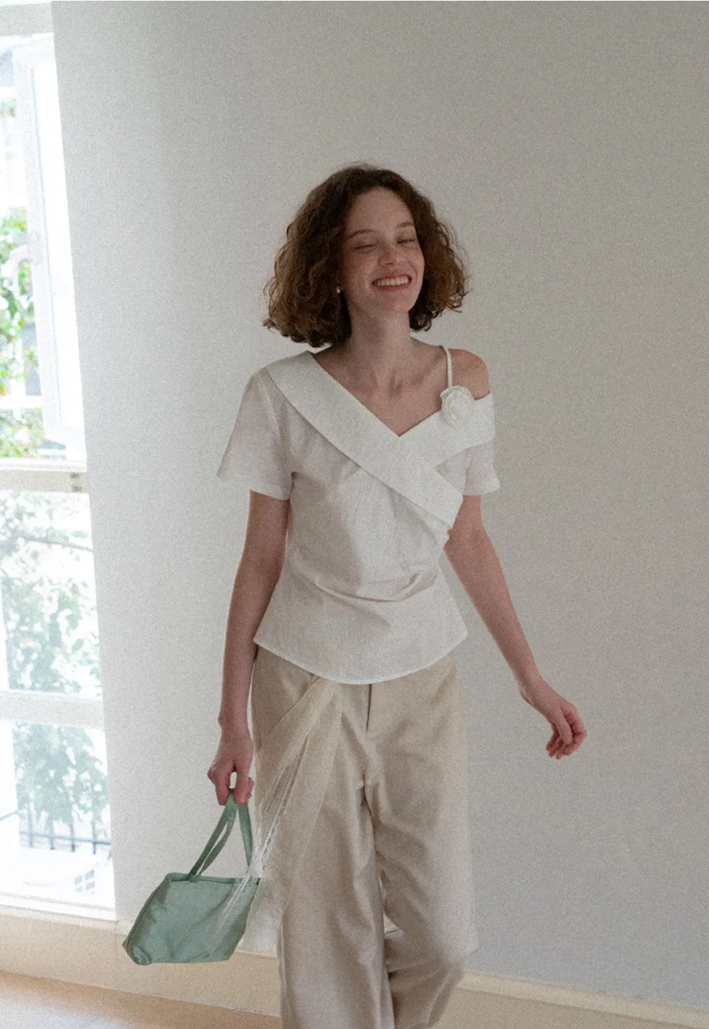 Asymmetrical Draped One Shoulder Short Sleeve Shirt