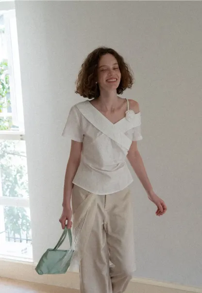 Asymmetrical Draped One Shoulder Short Sleeve Shirt