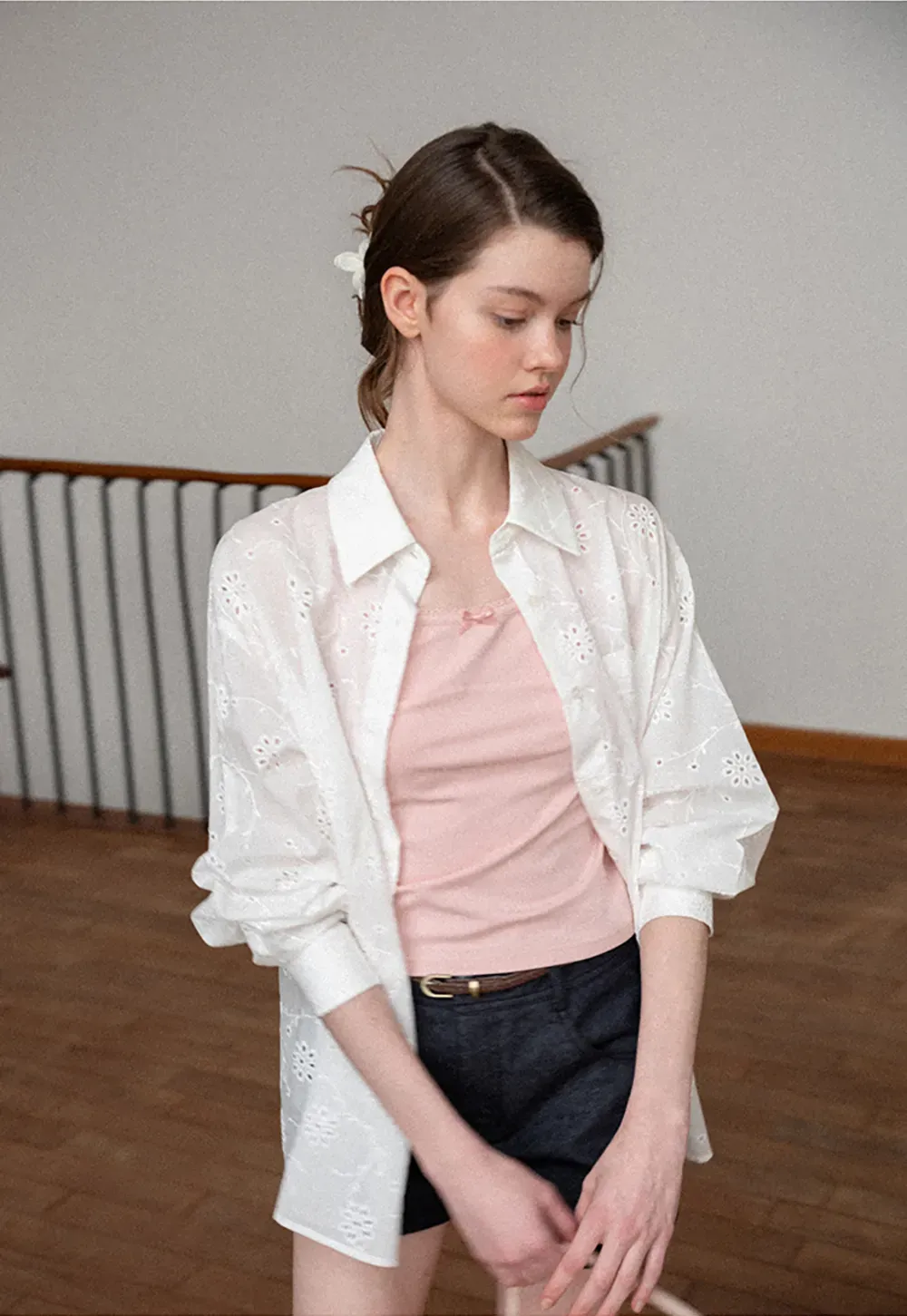 Eyelet Embroidered Button Down Shirt