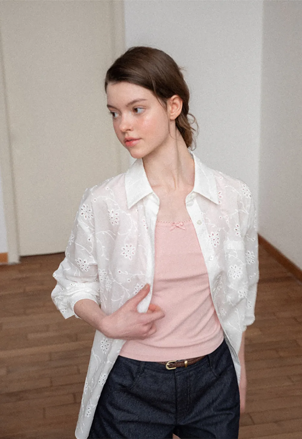 Eyelet Embroidered Button Down Shirt