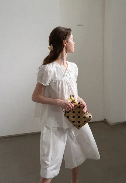 Lace Trim Puff Sleeve Blouse