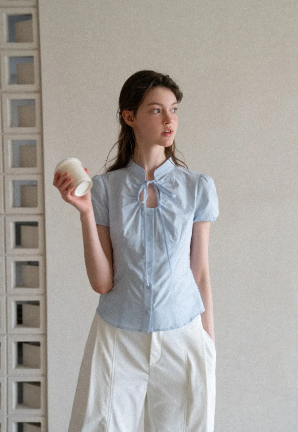 Stand Collar Puff Sleeve Button Front Shirt