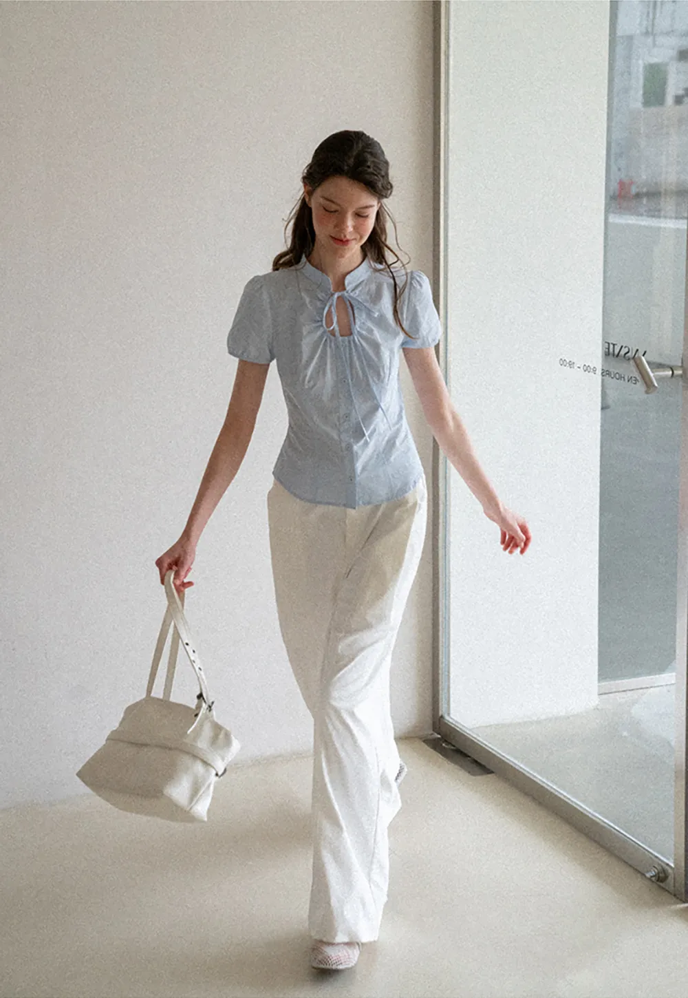 Stand Collar Puff Sleeve Button Front Shirt