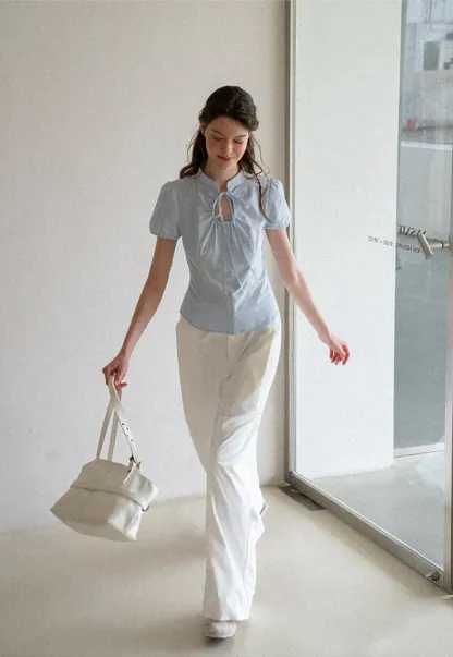 Stand Collar Puff Sleeve Button Front Shirt