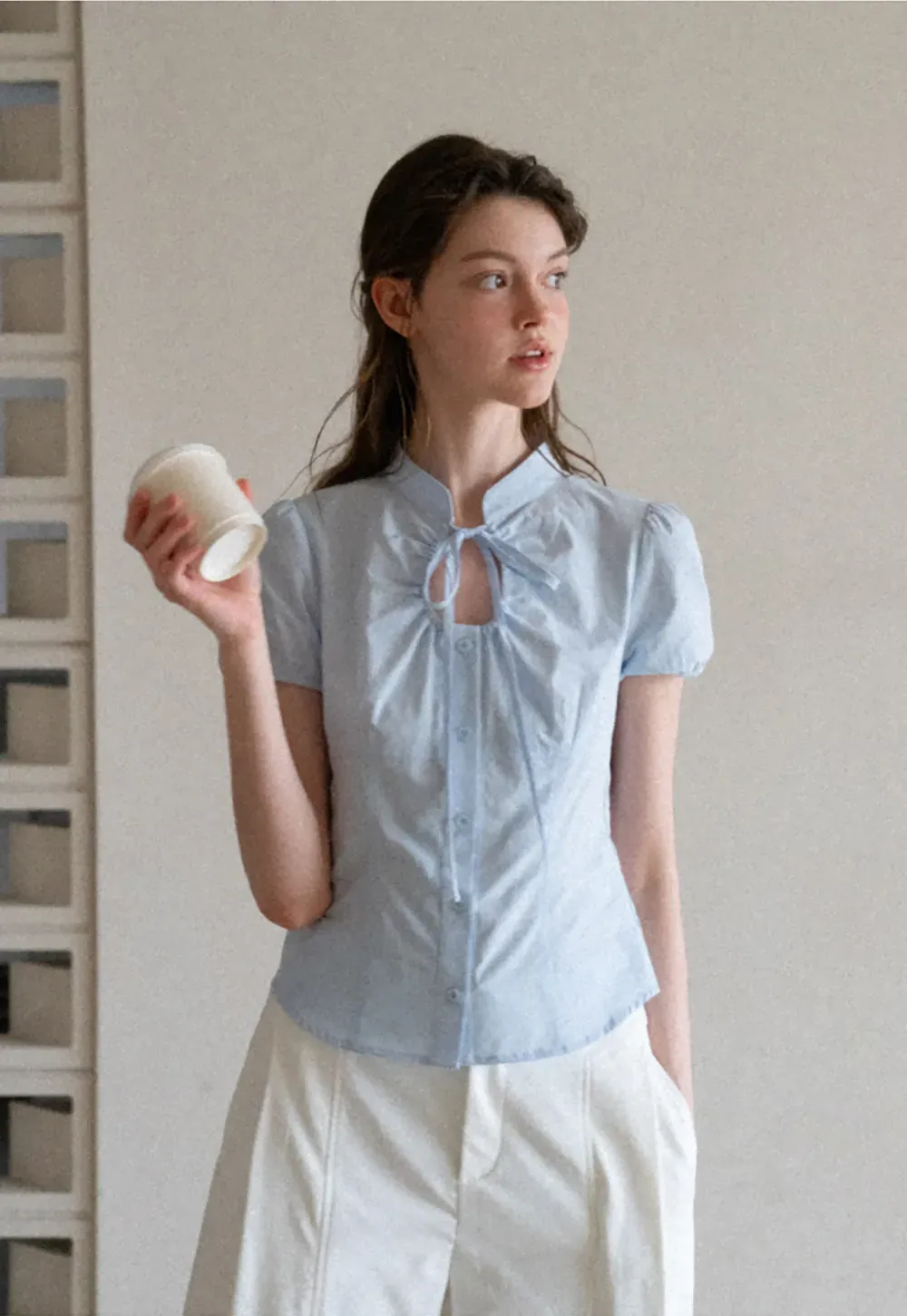 Stand Collar Puff Sleeve Button Front Shirt