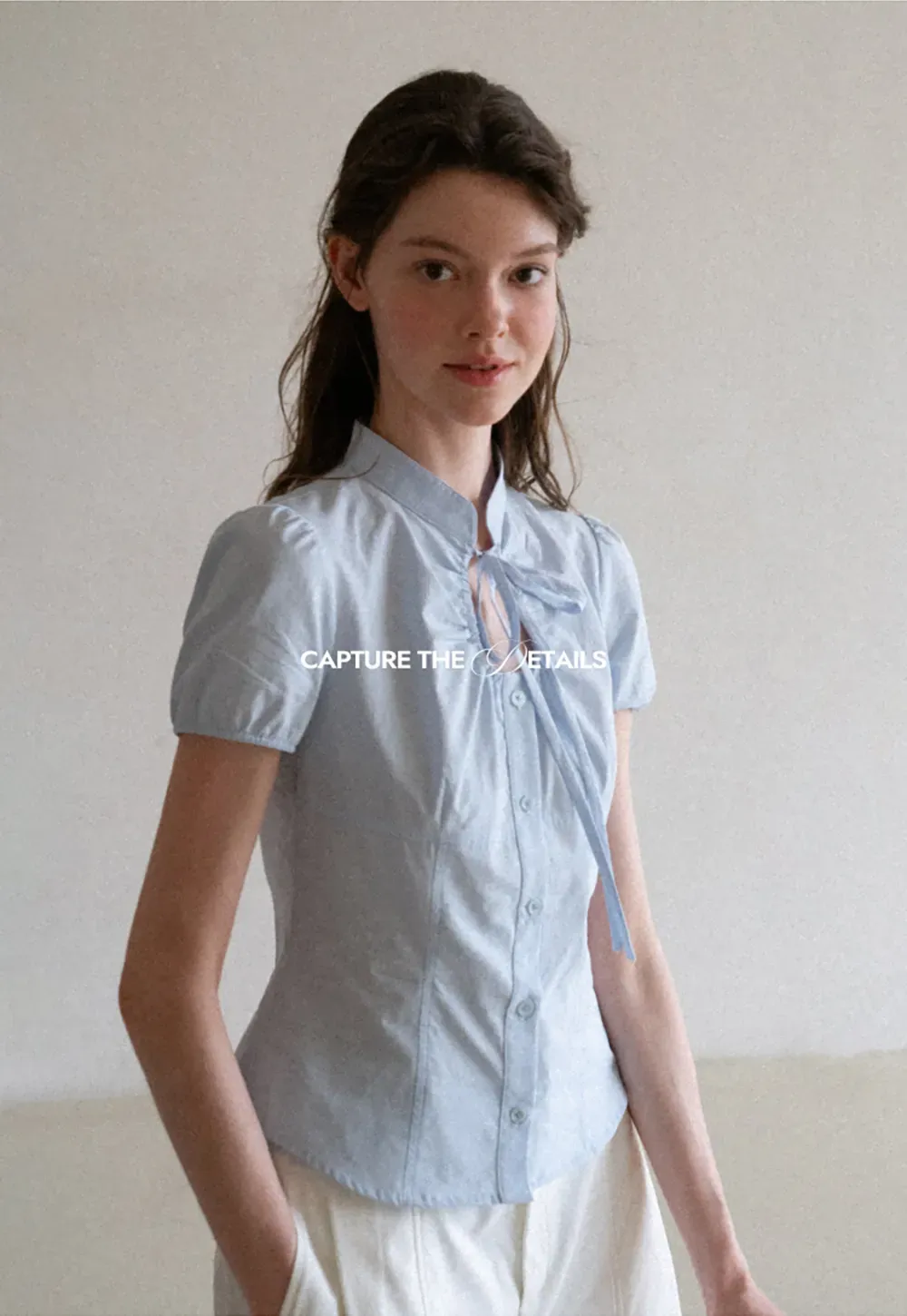 Stand Collar Puff Sleeve Button Front Shirt