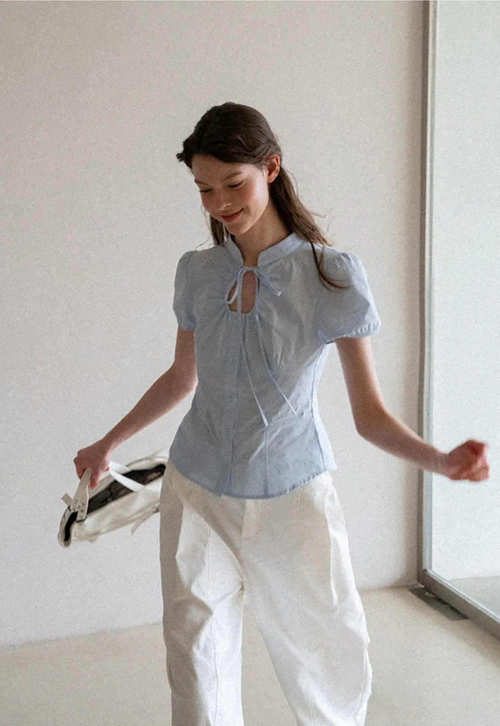 Stand Collar Puff Sleeve Button Front Shirt