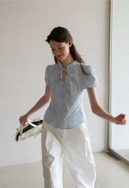 Stand Collar Puff Sleeve Button Front Shirt