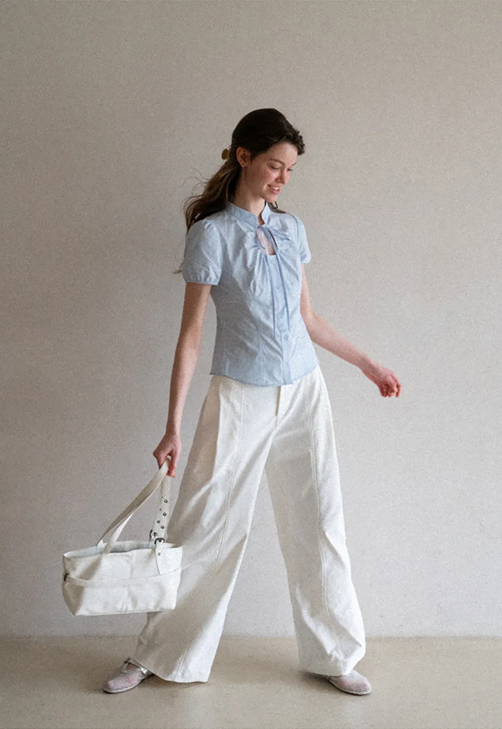 Stand Collar Puff Sleeve Button Front Shirt