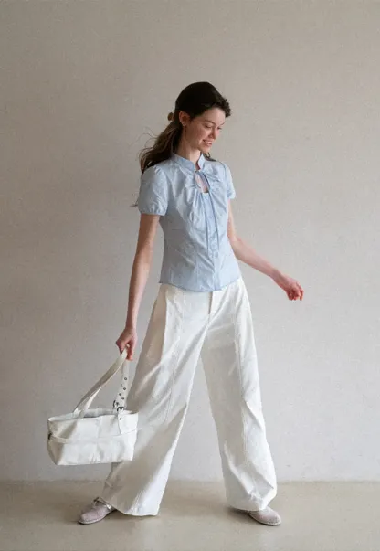 Stand Collar Puff Sleeve Button Front Shirt