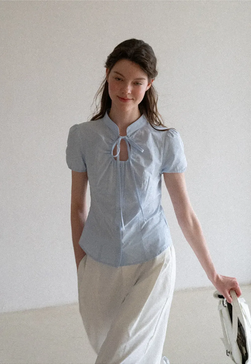 Stand Collar Puff Sleeve Button Front Shirt