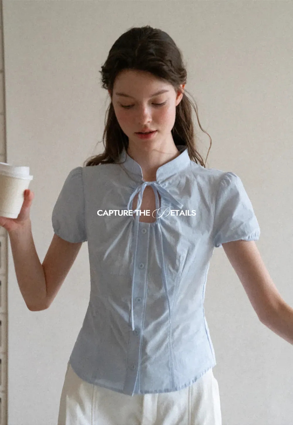 Stand Collar Puff Sleeve Button Front Shirt