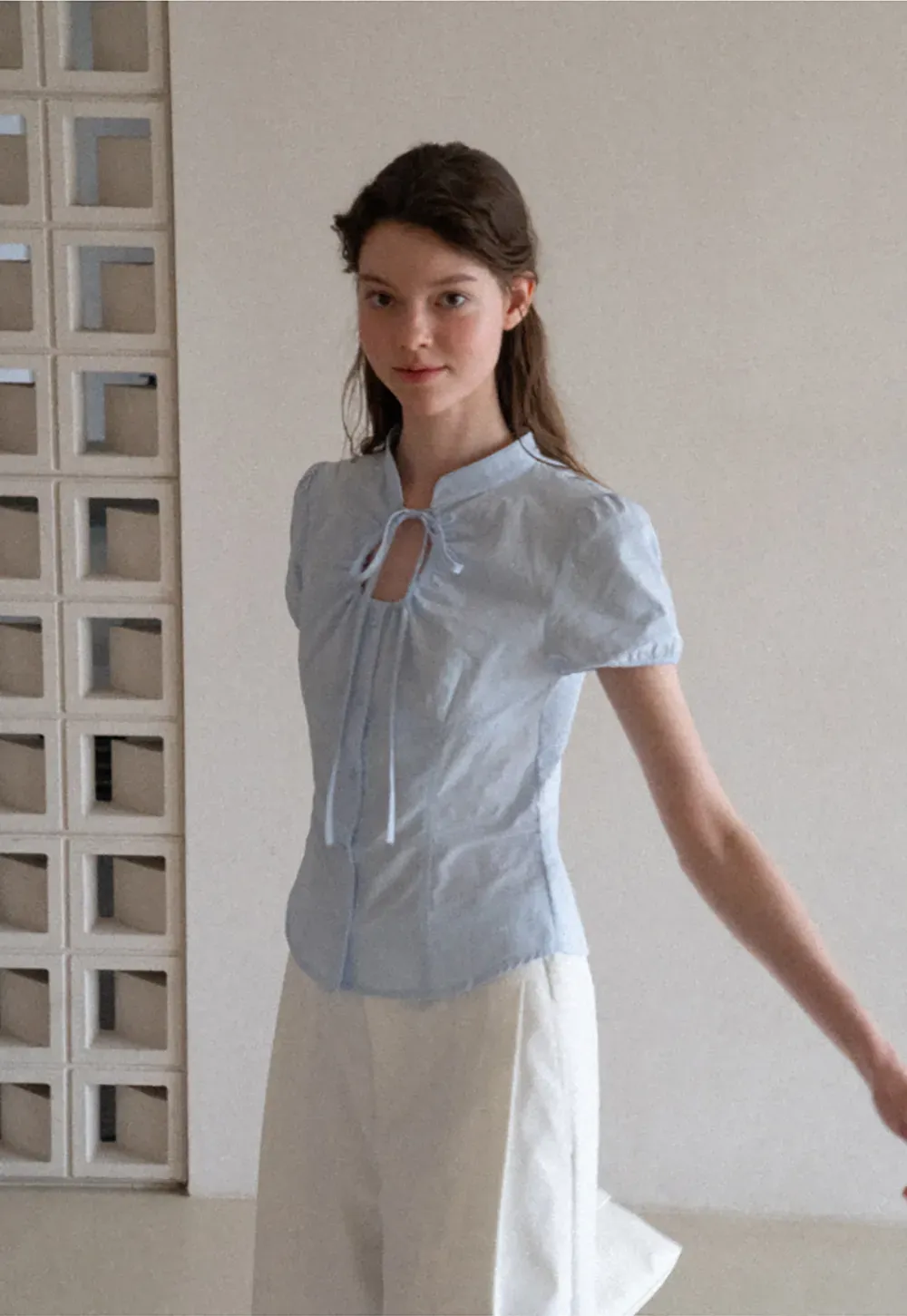 Stand Collar Puff Sleeve Button Front Shirt