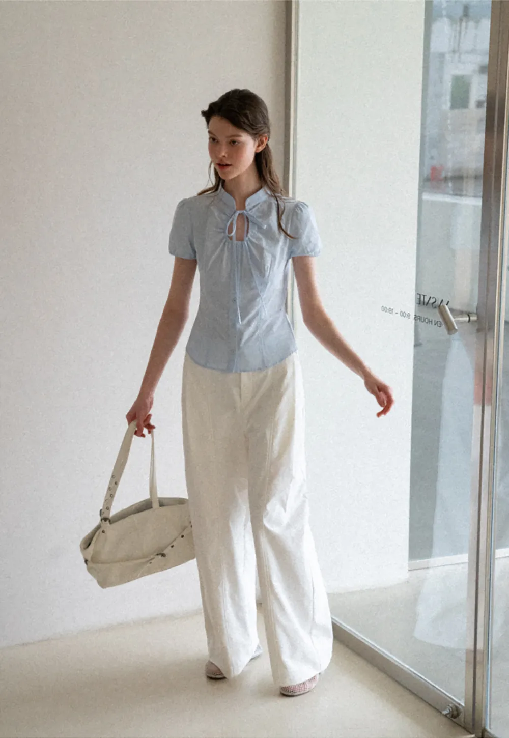 Stand Collar Puff Sleeve Button Front Shirt