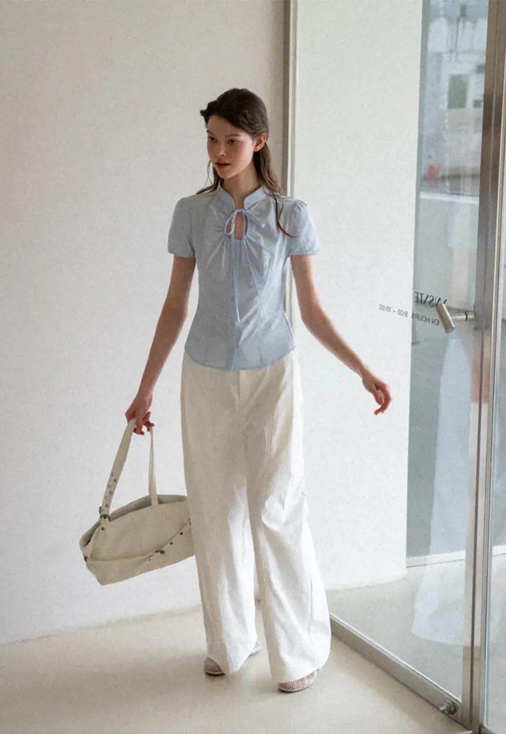 Stand Collar Puff Sleeve Button Front Shirt