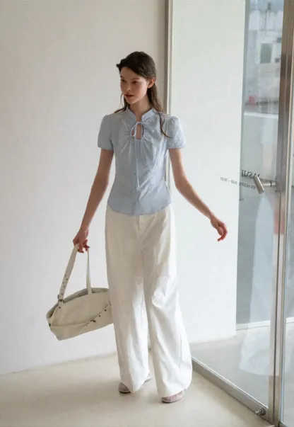 Stand Collar Puff Sleeve Button Front Shirt