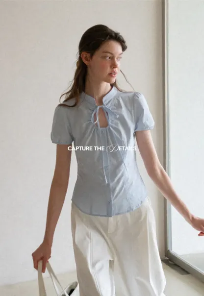 Stand Collar Puff Sleeve Button Front Shirt