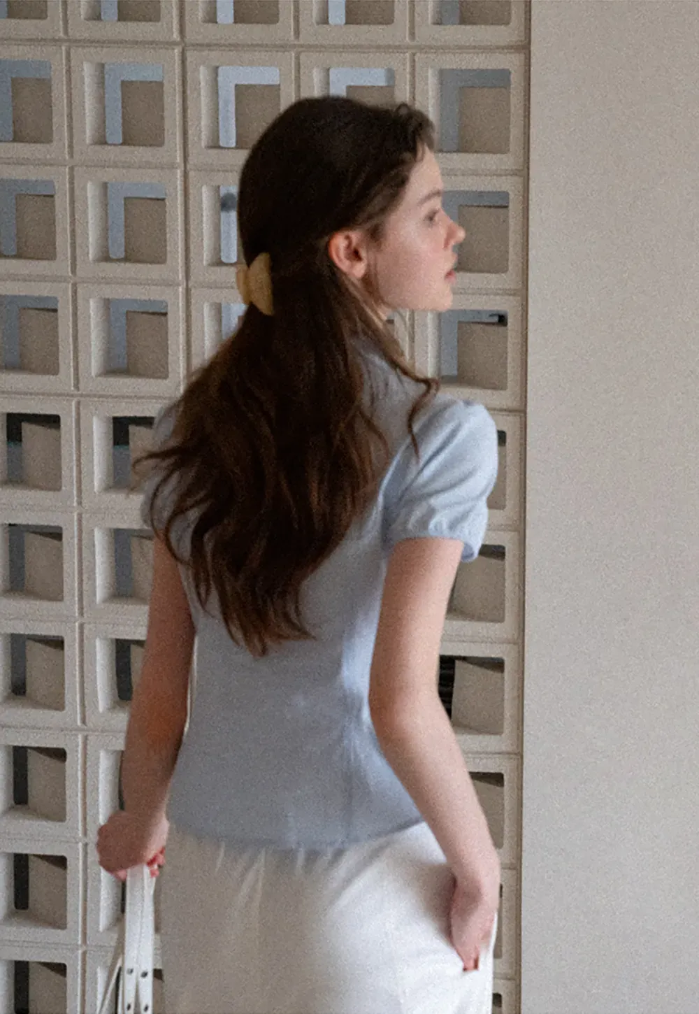 Stand Collar Puff Sleeve Button Front Shirt