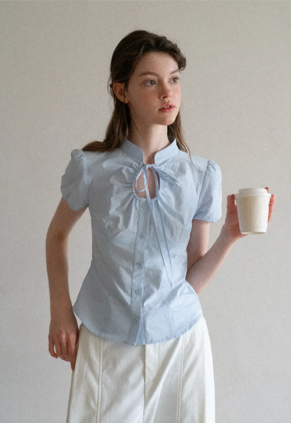 Stand Collar Puff Sleeve Button Front Shirt