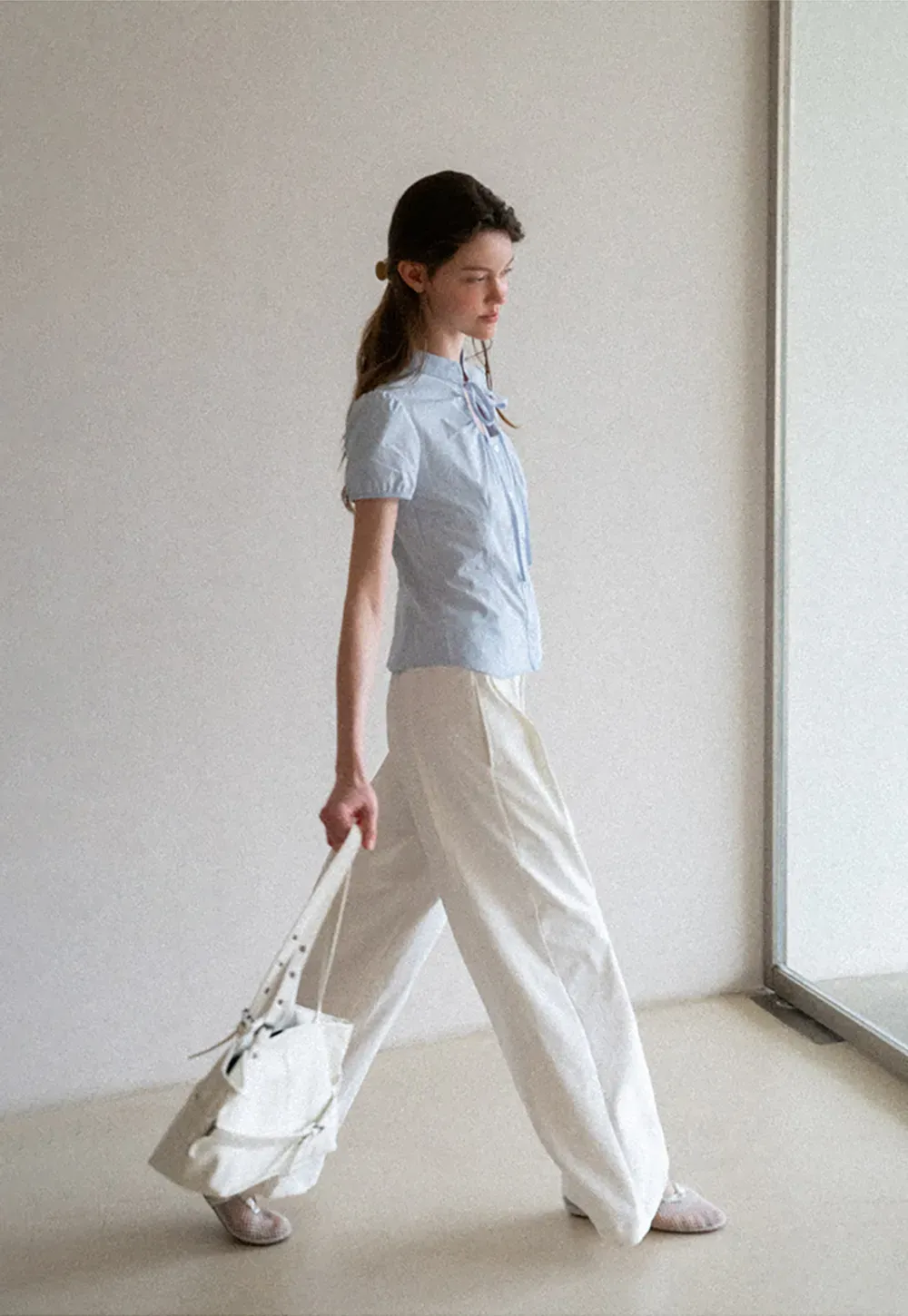 Stand Collar Puff Sleeve Button Front Shirt