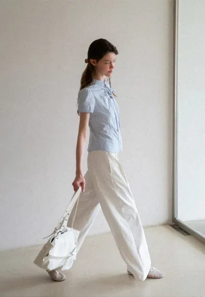 Stand Collar Puff Sleeve Button Front Shirt