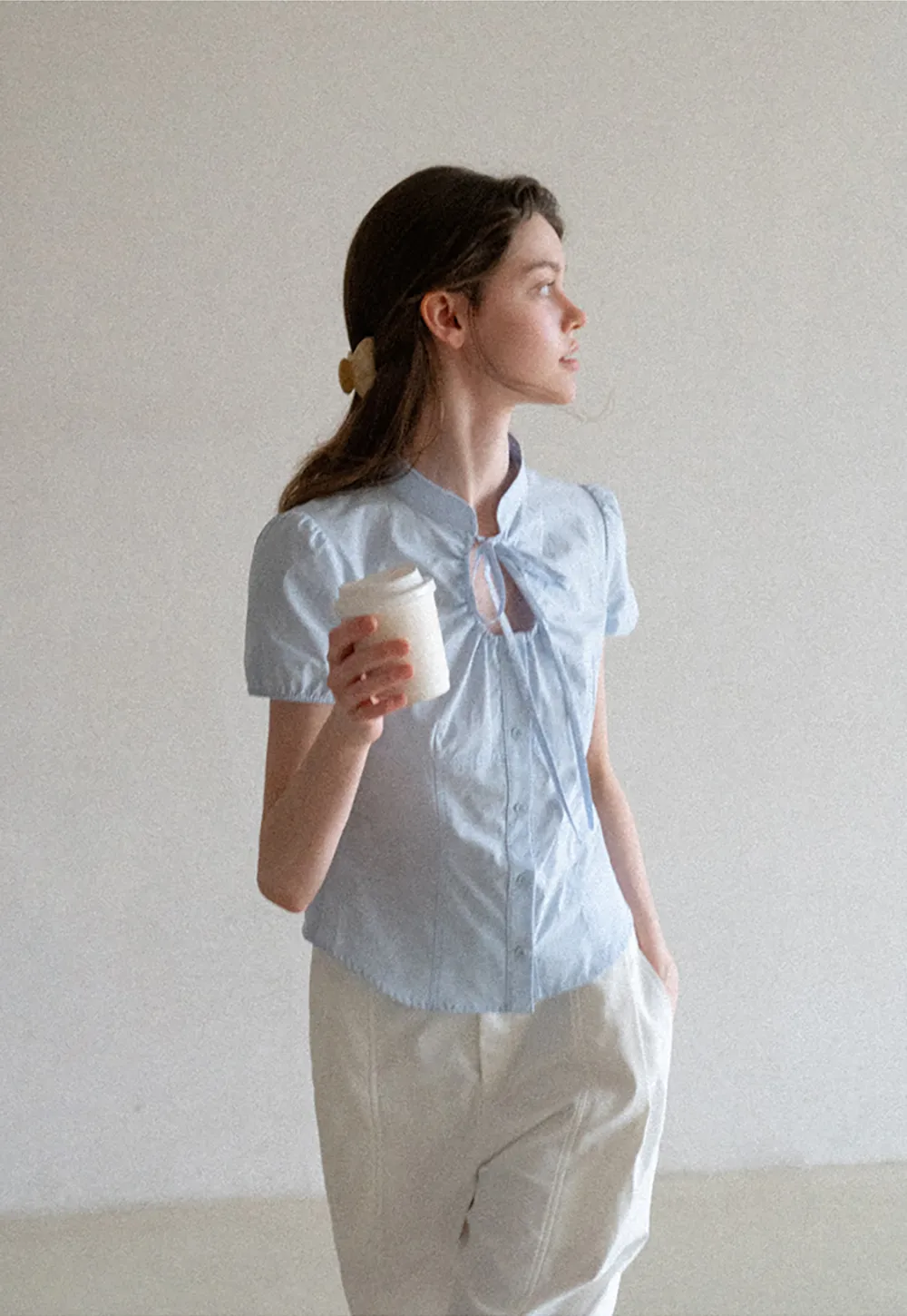 Stand Collar Puff Sleeve Button Front Shirt