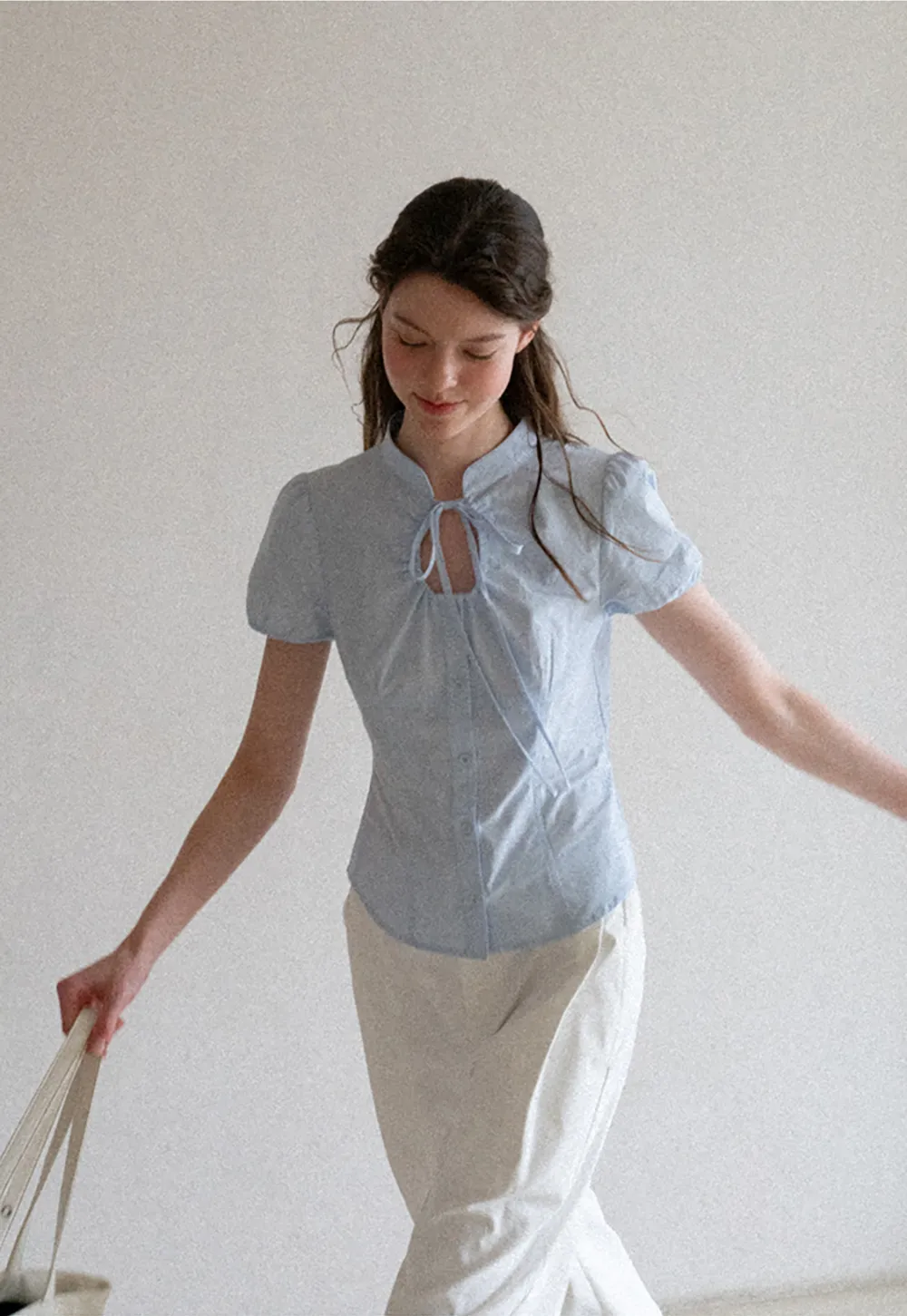 Stand Collar Puff Sleeve Button Front Shirt