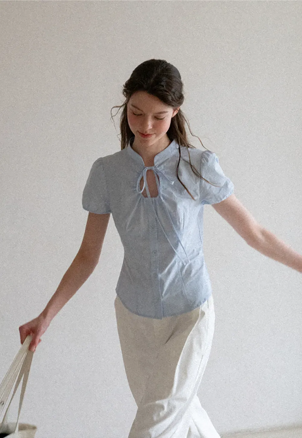 Stand Collar Puff Sleeve Button Front Shirt